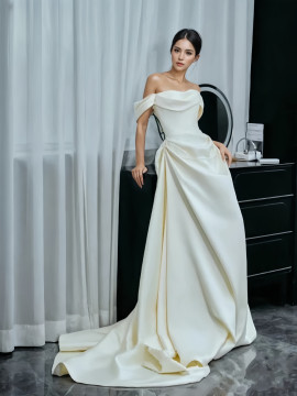 Shop 2024 ANNAKOO Off The Shoulder Ruched A Line Satin Wedding Dress Under 177