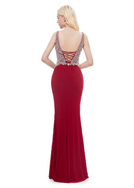 V-neck Red Beading Mermaid Prom Evening Dress 
