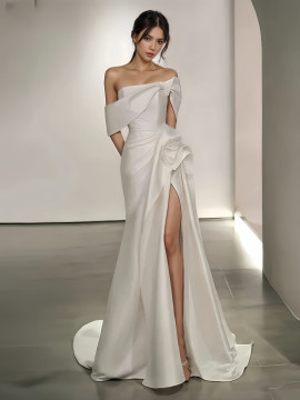 Shop 2024 ANNAKOO Off The Shoulder Trumpet Mermaid Ruched Wedding Dress With Slit Under 199