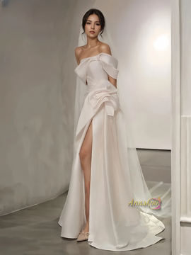 Shop 2024 ANNAKOO Off The Shoulder Trumpet Mermaid Ruched Wedding Dress With Slit Under 199