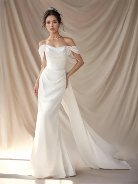 Shop 2024 ANNKOO Satin Trumpet Mermaid Off The Shoulder Pearls Wedding Dress Under 189