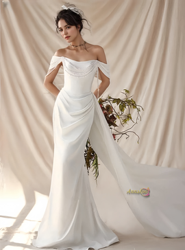 Shop 2024 ANNKOO Satin Trumpet Mermaid Off The Shoulder Pearls Wedding Dress Under 189