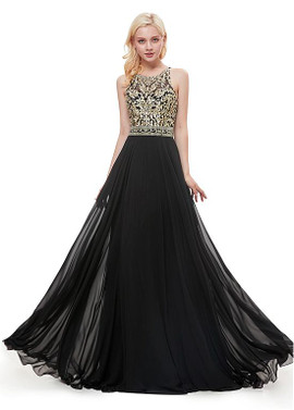 Chiffon Jewel Black Appliques Lace Up A-line Prom Dress