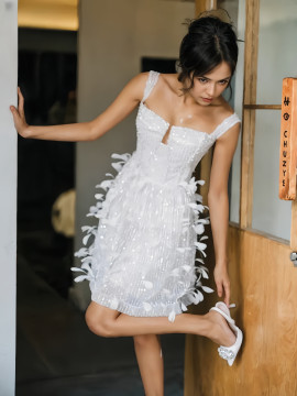 Shop 2024 ANNAKOO A Line Short Mini Feather Straps Wedding Dress Under 168