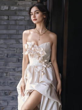 Shop 2024 ANNAKOO Satin Sweetheart Flower High Low Champagne Wedding Dress  Under 169