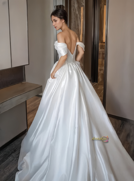 Satin Off The Shoulder Lace Detachable Trian Wedding Dress