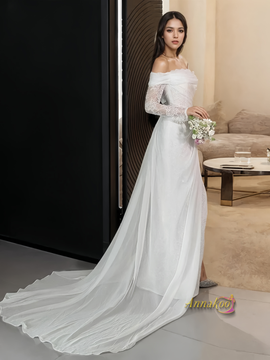  Off The Shoulder Tulle Long Sleeve Wedding Dress With Slit