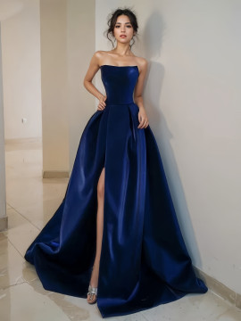 Shop 2024 ANNAKOO Strapless Blue Satin A Line Prom Dress WIth Slit Under 149