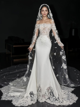 Shop 2024 ANNAKOO Off The Shuolder Long Sleeve Appliques Trumpet Mermaid Wedding Dress Under 269