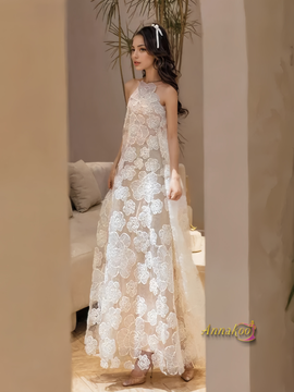 Halter Lace A Line Floor Length Wedding Dress
