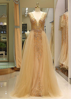  Long Tulle V-neck Champagne Sheer Beadings Prom Dress 