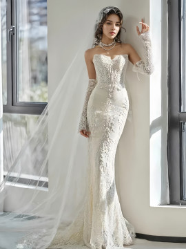 Shop 2024 ANNAKOO Sweetheart Lace Appliques Long Sleeve Trumpet Mermaid Wedding Dress Under 189