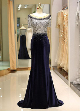 Velvet Scoop Short Sleeve Beading Mermaid Prom Dress