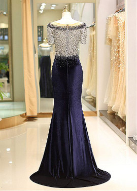 Velvet Scoop Short Sleeve Beading Mermaid Prom Dress
