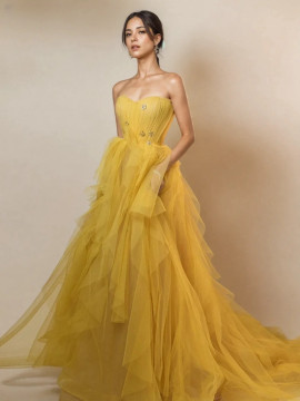 Shop 2024 ANNAKOO  Yellow Tulle Ruffles Beading Trumpet Mermaid Prom Dress Under 159