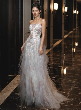 Shop 2024 ANNAKOO White Tulle Ruffles Flowers A Line Prom Dress Under 169