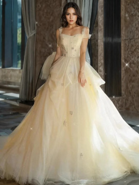 Shop 2024 ANNAKOO Yellow Tulle Ruffles Beading A Line Prom Dress Under 198