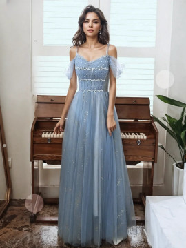 Shop 2024 ANNAKOO Blue Off The Shoulder Tulle Beading Prom Dress Under 159