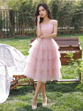 Shop 2024 ANNAKOO Sparke Pink Straps Ruffles Knee Length Homecoming Dress Under 99