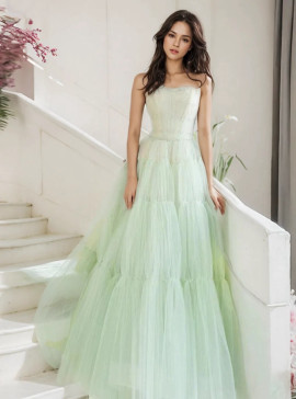 Shop 2024 ANNAKOO Green Strapless Floor Length Ruffles Prom Dress Under 159