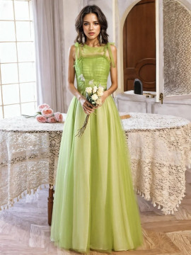 Green Tie Shoulder Floor Length Ruffles Prom Dress