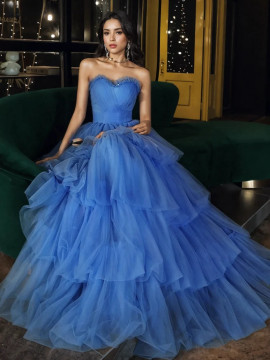 Shop 2024 ANNAKOO Blue Tulle Ruffles A Line Sweetheart Prom Dress Under 139