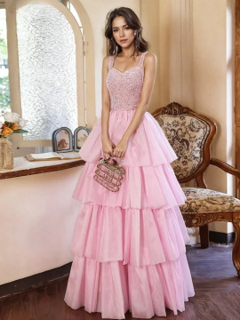 Shop 2024 ANNAKOO Pink Straps Sweetheart Ruffles Sequin Prom Dress Under 149