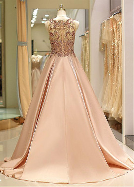  Pink Satin Jewel Long Beading  A-line Prom Dress