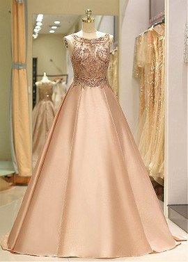  Pink Satin Jewel Long Beading  A-line Prom Dress