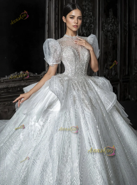 Shop 2024 ANNAKOO Beading Short Sleeve Ruffles Tulle High Neck Wedding Dress Under 587