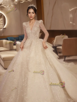 Shop 2024 ANNAKOO Beading Long Sleeve Ruffles Tulle V Neck Sparkle Wedding Dress Under 298