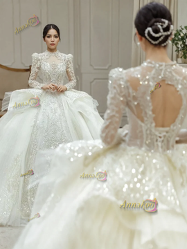 Shop 2024 ANNAKOO Luxury Ball Gown Beading High Neck Long Sleeve Wedding Dress Under 389
