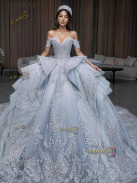 Shop 2024 ANNAKOO Blue Off The Shoulder Tulle Beading Ruffles Ball Gown Wedding Dress Under 487