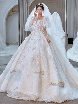 Shop 2024 ANNAKOO Puffy Sleeve Beading Appliques Tulle A Line Wedding Dress Under 398