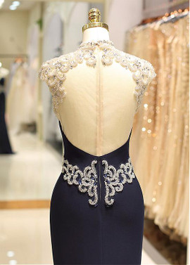 Spandex High Collar Black Beading Mermaid Evening Dress 