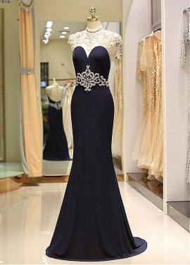 Spandex High Collar Black Beading Mermaid Evening Dress 