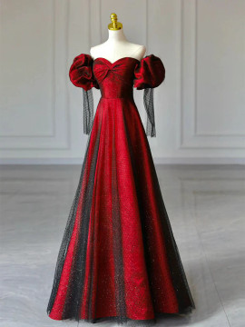 Elegant Puffy Sleeves Glittery Mesh Red Prom Dress