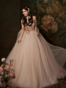 Shop 2024 ANNAKOO Champagne Pink Tulle V Neck Backless Flower Prom Dress Under 169