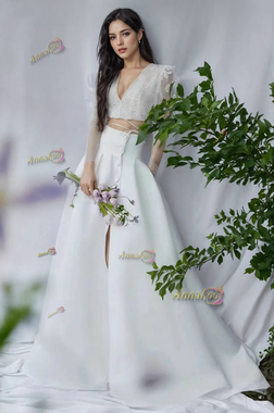 Shop 2024 ANNAKOO Two Piece Long Sleeve Satin Buttons Wedding Dress Under 179