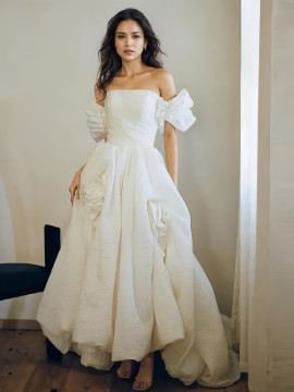Shop 2024 ANNAKOO Off The Shoulder Satin Puffy Sleeve Flowers Wedding Dress Under 248