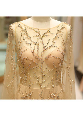 Long Sleeve Gold Tulle Jewel Neckline Beadings Floor-length Prom Evening Dress