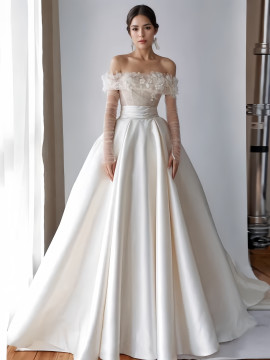 Off The Shoulder Sheer Long Sleeve A Line Wedding Dress