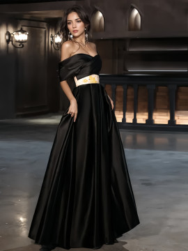 Shop 2024 ANNAKOO Black Appliques Belt Off The Shoulder Satin A Line Prom Dress Under 139