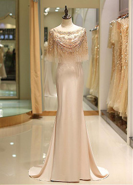 Tulle Scoop Neckline Floor-length Long Pink Mermaid Prom Evening Dress