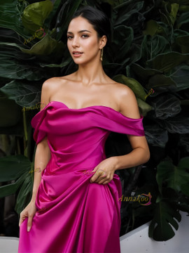 Shop 2024 ANNAKOO Fuchsia Off The Shoulder Satin A Line Prom Dress With Slit Under 189