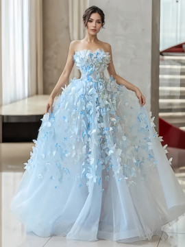 Shop 2024 ANNAKOO Tulle Flowers Light Blue Sweetheart A Line Prom Dress Under 188