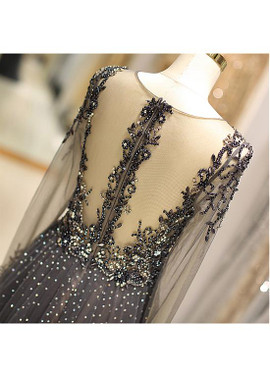 Tulle V-neck Neckline Floor-length Beadings Long Sleeves A-line Evening Dress