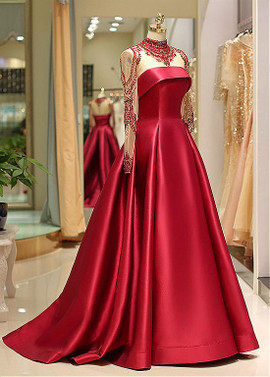 Red Long Sleeve Satin High Collar Floor-length A-line Evening Prom Dress