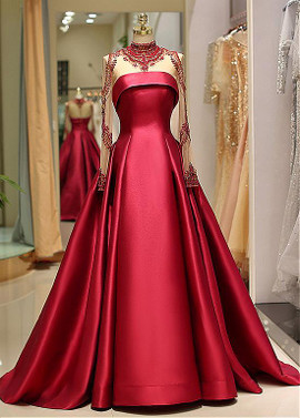 Red Long Sleeve Satin High Collar Floor-length A-line Evening Prom Dress
