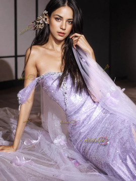 Shop 2024 ANNAKOO  Lilac Long Sleeve Trumpet Mermaid Prom Dress With Slit Under 165